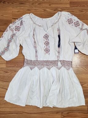 Lucky Brand Womens XL Embroidered Boho Peasant Mini Dress White Cotton Tassel